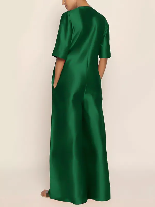 Half Sleeves Loose Solid Color Zipper V-Neck Jumpsuits