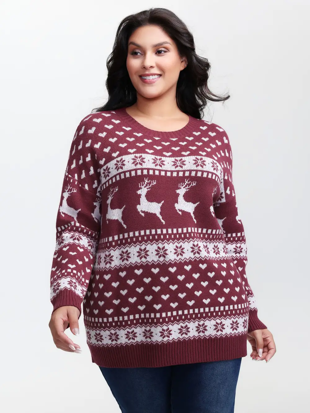 Reindeer Holiday Print Round Neck Pullover