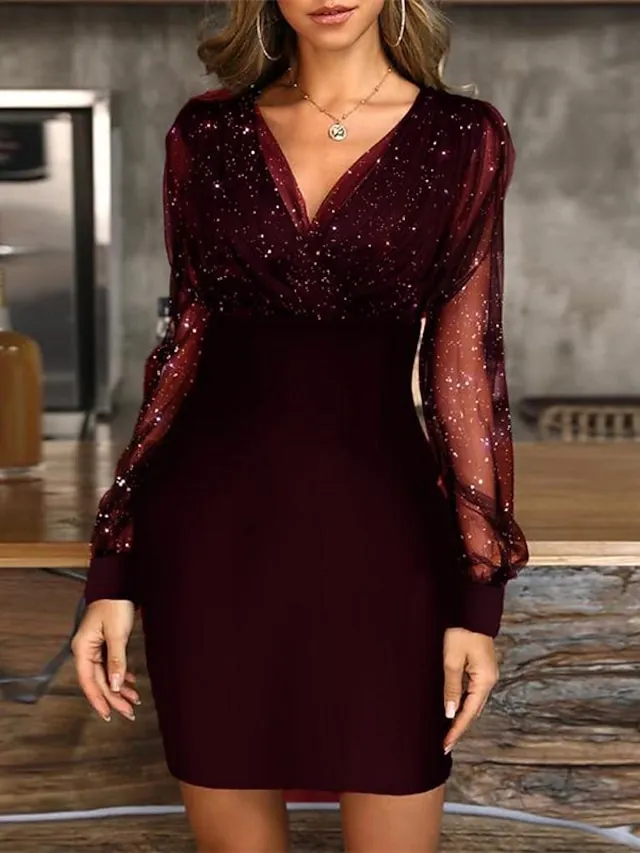 Women‘s Black Dress Wedding Guest Cocktail Dress Sexy V Neck Bodycon Patchwork Long Mesh Sleeve  Spring Summer