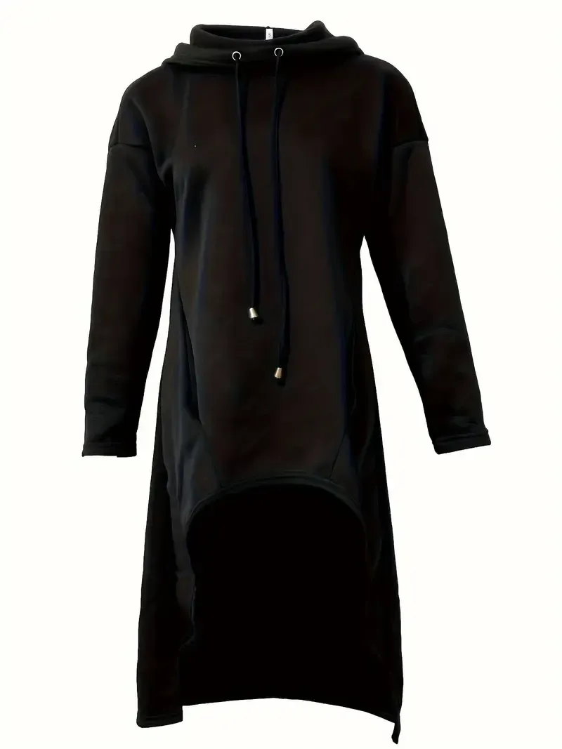 Solid Color Hig-low Hoodie, Casual Long Sleeve Drawstring Hoodie Sweatshirt,