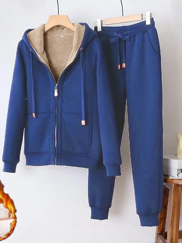 Women's Sweatshirt Tracksuit Pants Sets Black Red Blue Solid Color Zipper Drawstring Long Sleeve Sport Vacation Streetwear Sherpa Fleece Teddy Hooded Regular Fit Fall & Winter