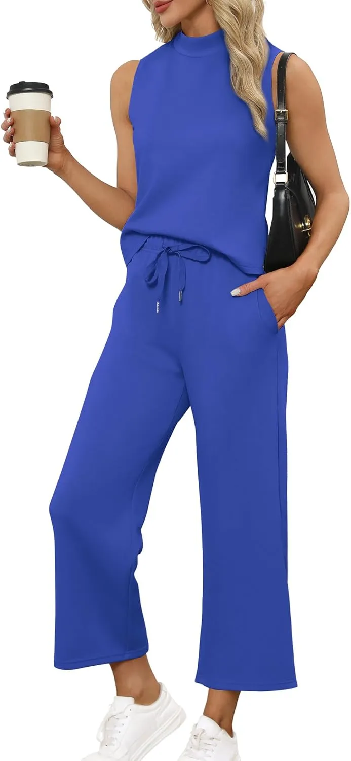 Two Piece Sets for Women Summer Outfits Lounge Sets Mock Neck Tops Wide Leg Crop Pants Vacation Travel Outfits
