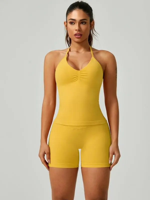 Women's Ruched Backless Halter Top & High Waist Shorts Tracksuit Set