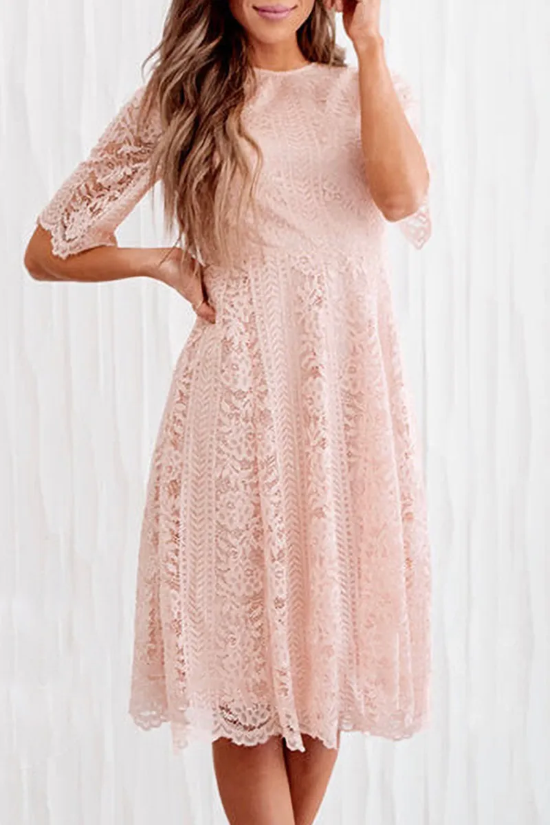 Casual Solid Lace O Neck Cake Skirt Dresses(3 colors)