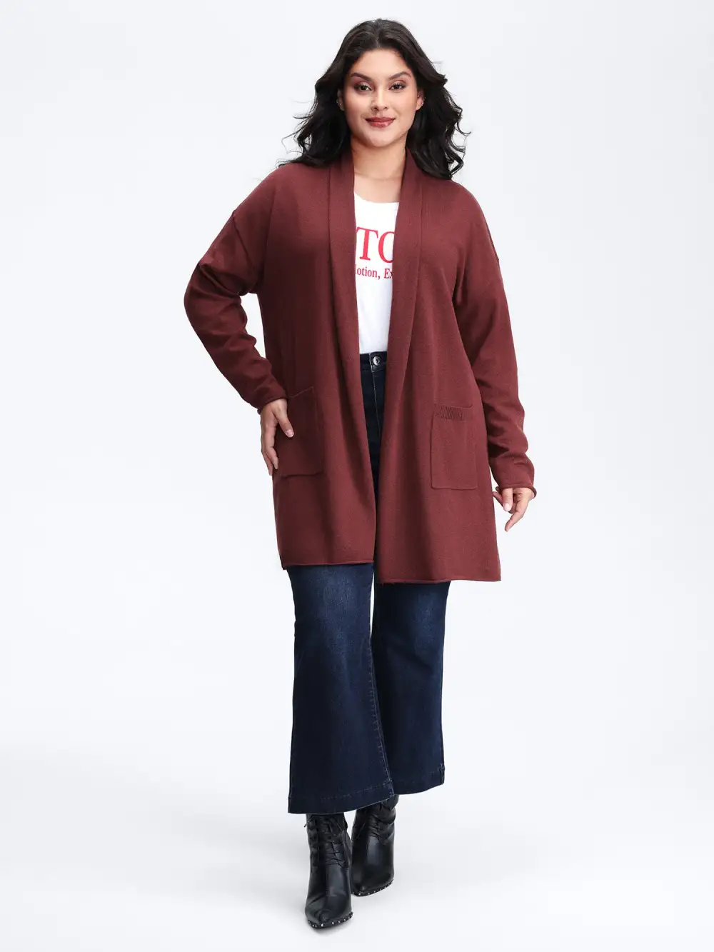 Folded Collar Pocket Open-Front Knit Cardigan
