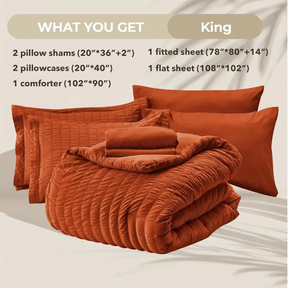 Queen Comforter Set Seersucker 7 Pieces, All Season Luxury Bed in a Bag for Bedroom, Bedding Set with Comforters, Sheets, Pillowcases & Shams, Dark Grey