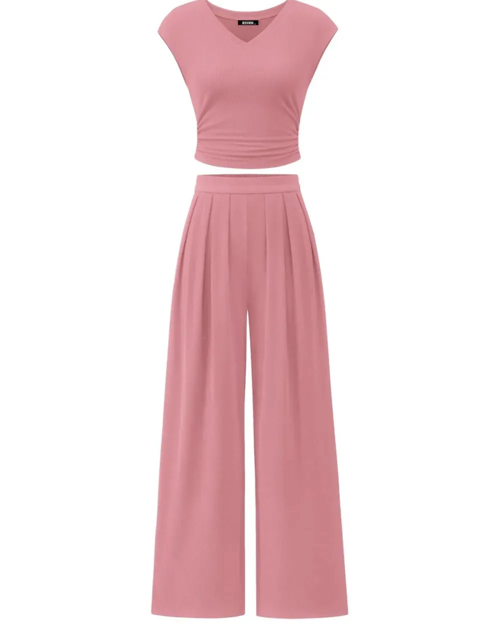 ✨Women's casual ribbed knit suit V-neck short sleeve with wide-leg pants