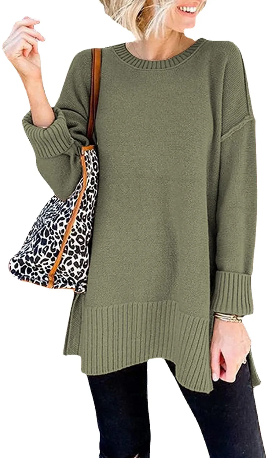 Women With Round Neck Long Sleeves And Slit Sweaters