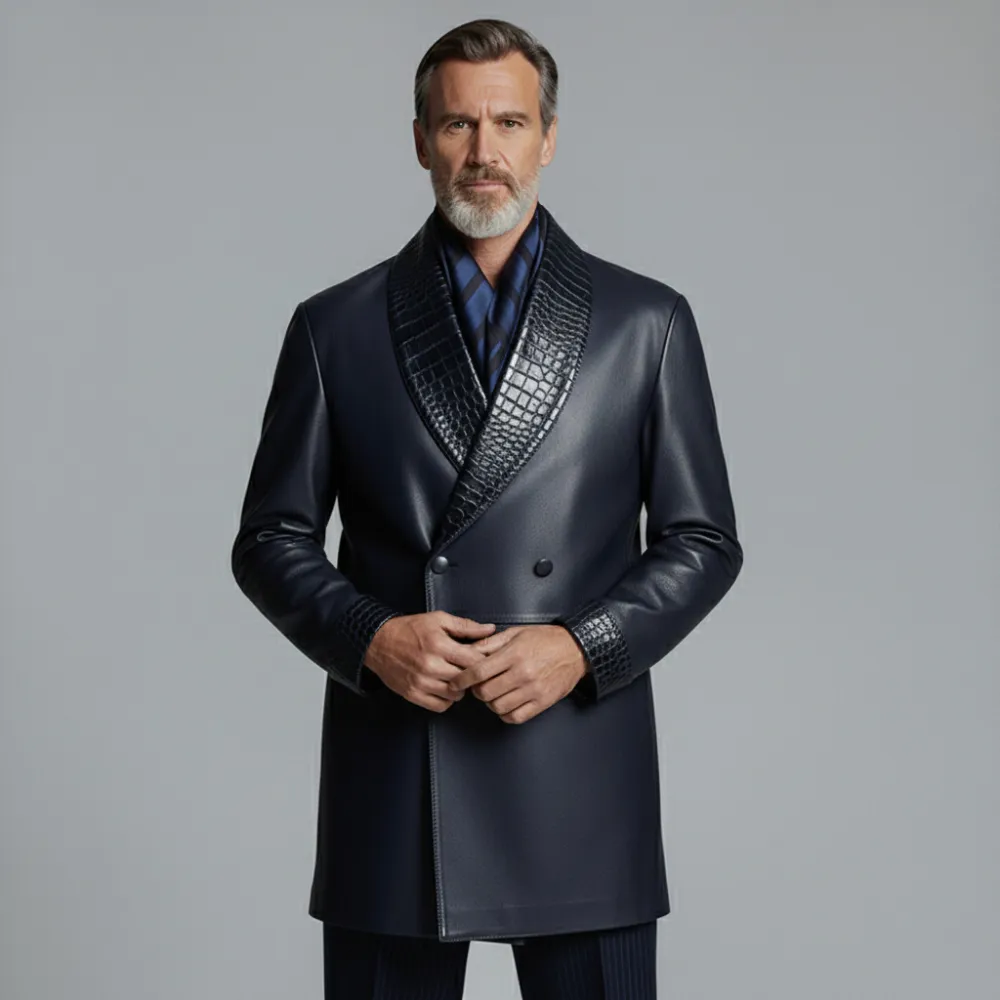 Men's Navy Blue PU Leather Crocodile Shawl Lapel Double Breasted Long Sleeve Overcoat
