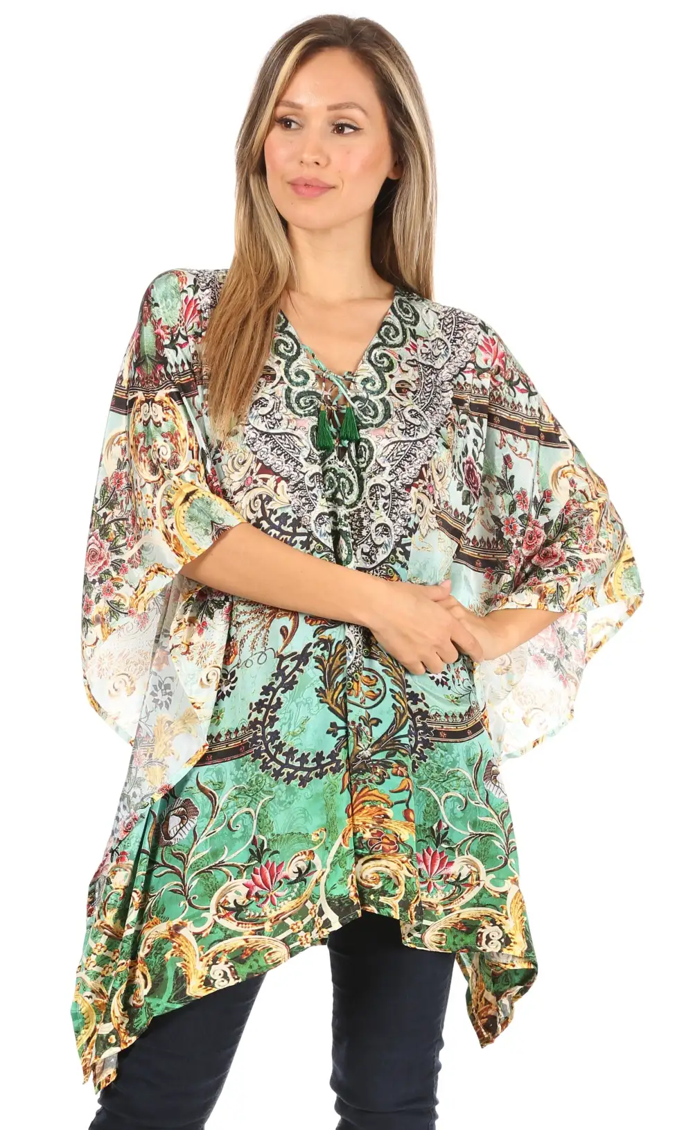 Women's Caftan Poncho Cover up V neck Top Lace up With Rhinestone