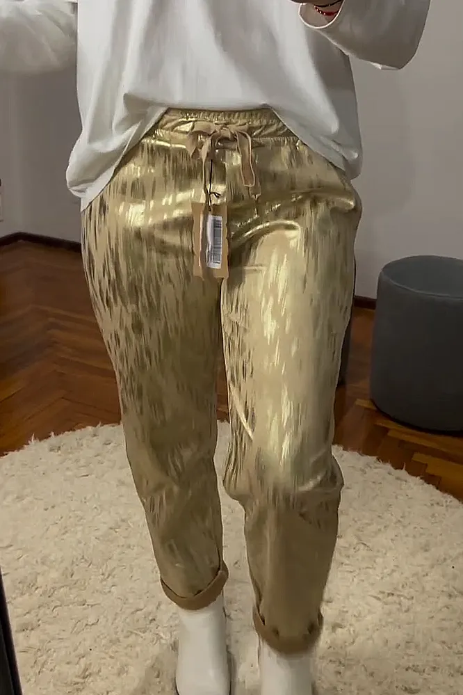 Women's V-neck Top and Gold Plated Pants 2-Piece Set