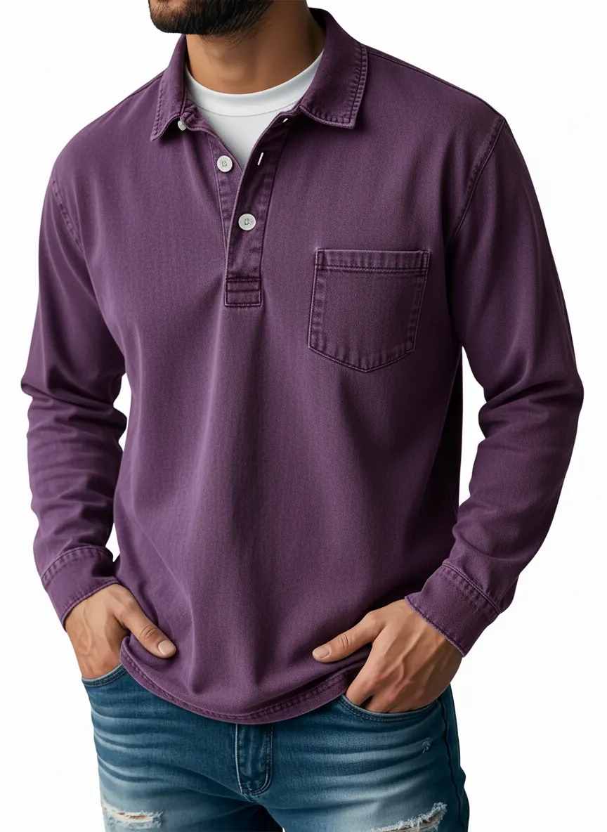 Men's Retro Lapel Button Pocket Casual Long Sleeve POLO Shirt