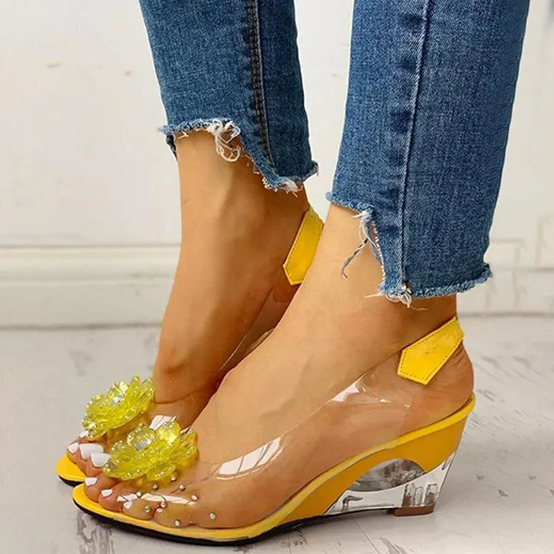 Women's bohemian clear crystal rhinestone flower wedge sandals