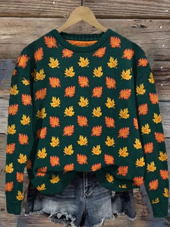 Maple Leaf Simple Crew Neck Knitted Sweater