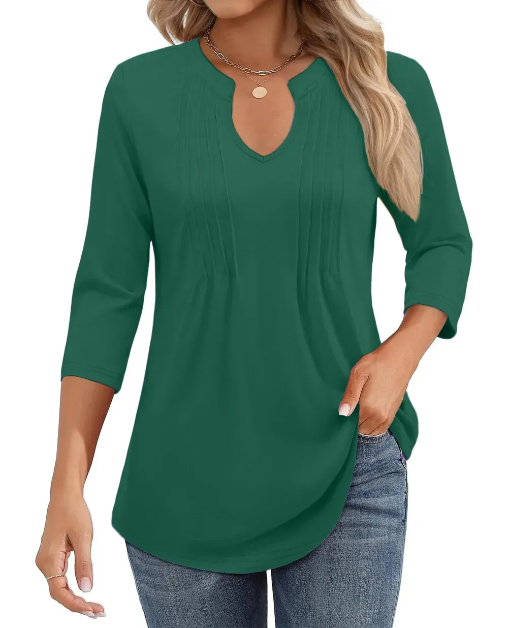 ✨Womens Casual 3/4 Sleeve Pleated Tunic Blouse