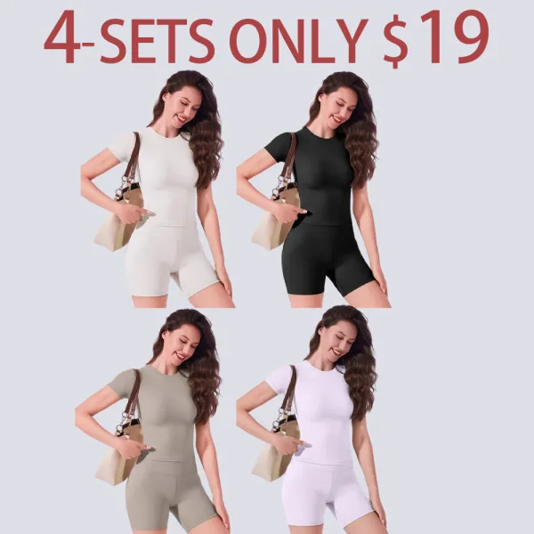 Women's Seamless 2-Piece Workout Set – Short Sleeve Top & High Waist Biker Shorts