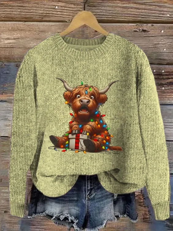 Women's Cute Highland Cow Print Knitted Crew Neck Sweater