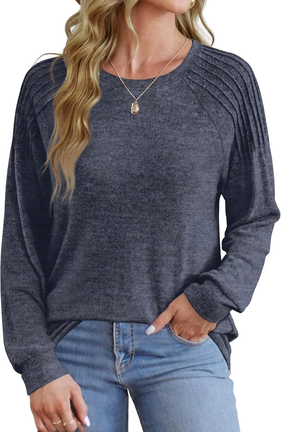 Sweatshirt for Women Crewneck Pleated Long Sleeve Shirts Tunic Tops Fashion 2024