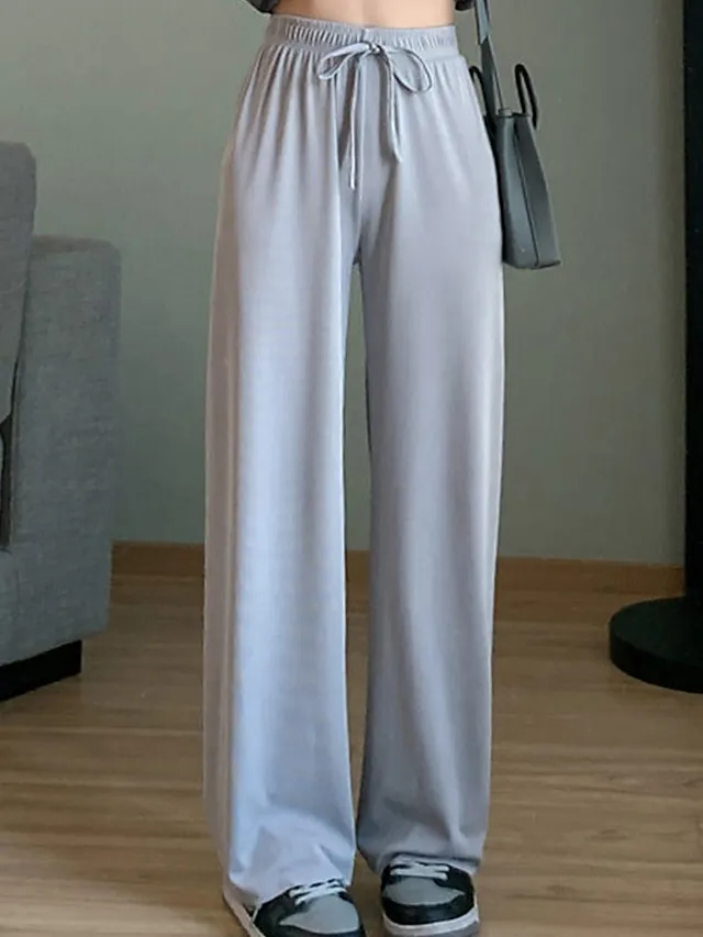 Women's Wide Leg Chinos Baggy Mid Waist Full Length Black Summer