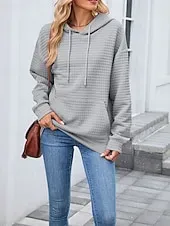 Women's Texture Blouse Pullover Hoodie Sweatshirt Plain Streetwear Casual Long Sleeve Hooded Regular Tops Street Holiday Going out Pocket Black Pink Brown Khaki Gray Fall