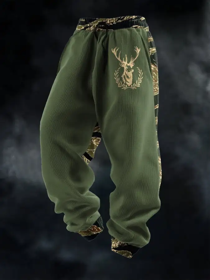Men's Casual Waffle Camouflage Elk Pattern Sweatpants