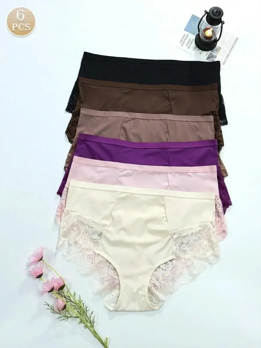 6pcs Plus Size Breathable Lace Trim Sexy Bikini Panties
