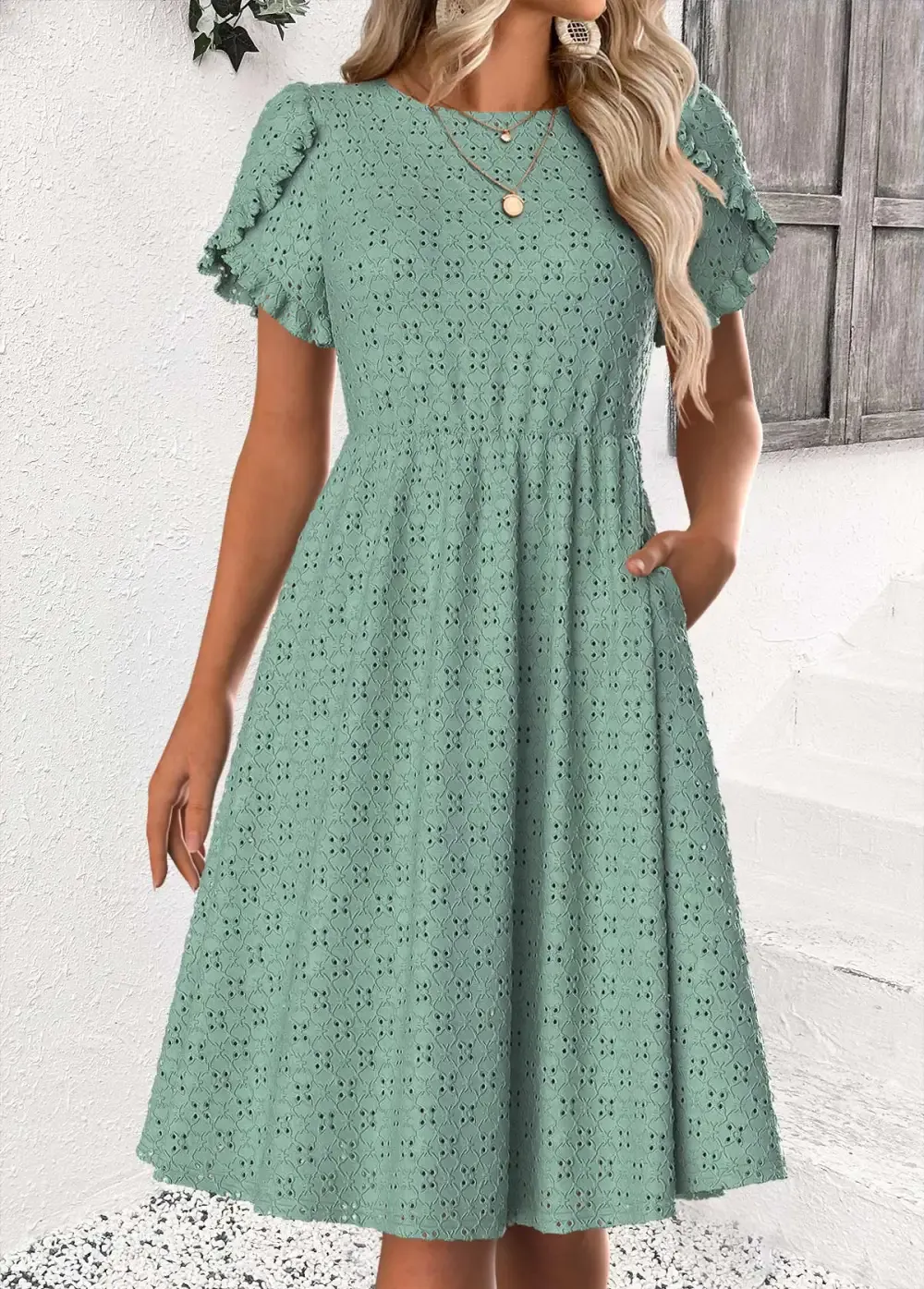 Sage Green Short Sleeve Round Neck Dress