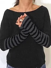 Women's Sweater Pullover Streetwear Casual Striped Crew Neck Patchwork Knitted Long Sleeve Regular Tops Knit Outdoor Daily Holiday Black Fall Winter
