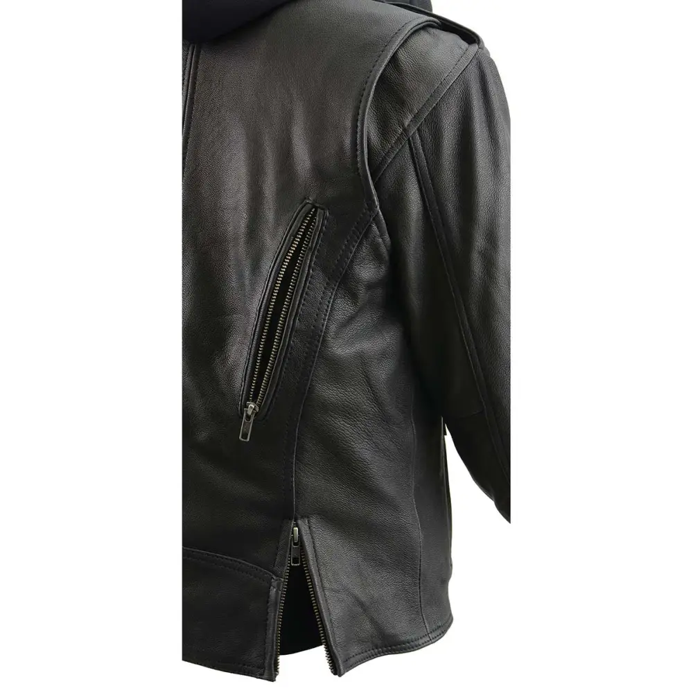Leather MLL2575 Women's Black Leather Vented Motorcycle Jacket w/ Removable Hoodie