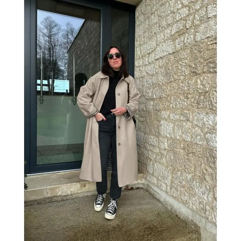 Womens Long Trench Coat Single Breasted Oversized Windproof Overcoat Fashion Outerwear