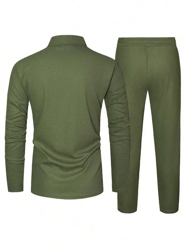 Men's Solid Textured Long Sleeve Polo Shirt & Drawstring Waist Pants Set