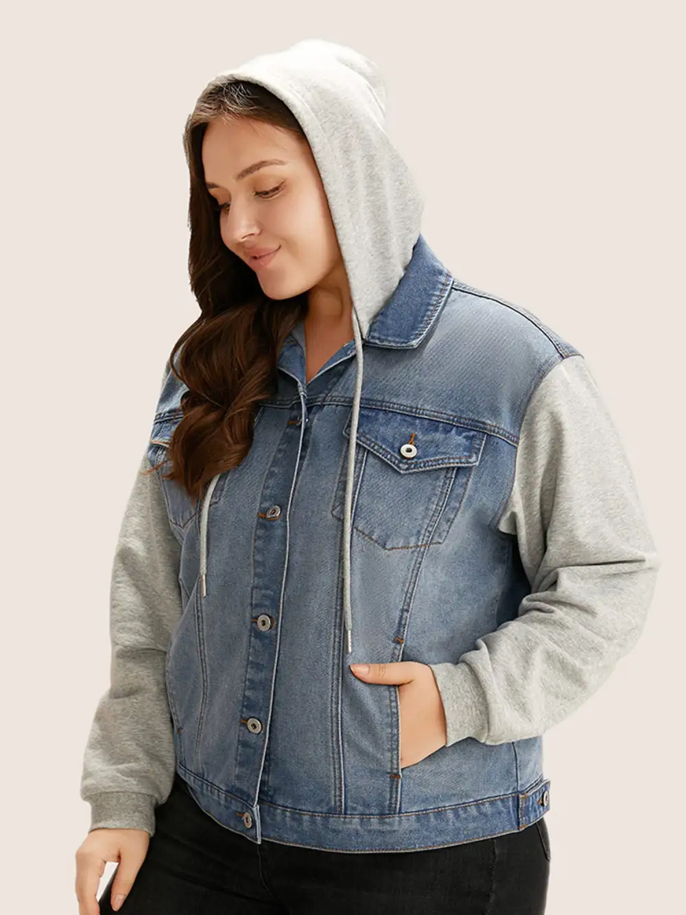 Hooded Patchwork Flap Pocket Denim Jacket
