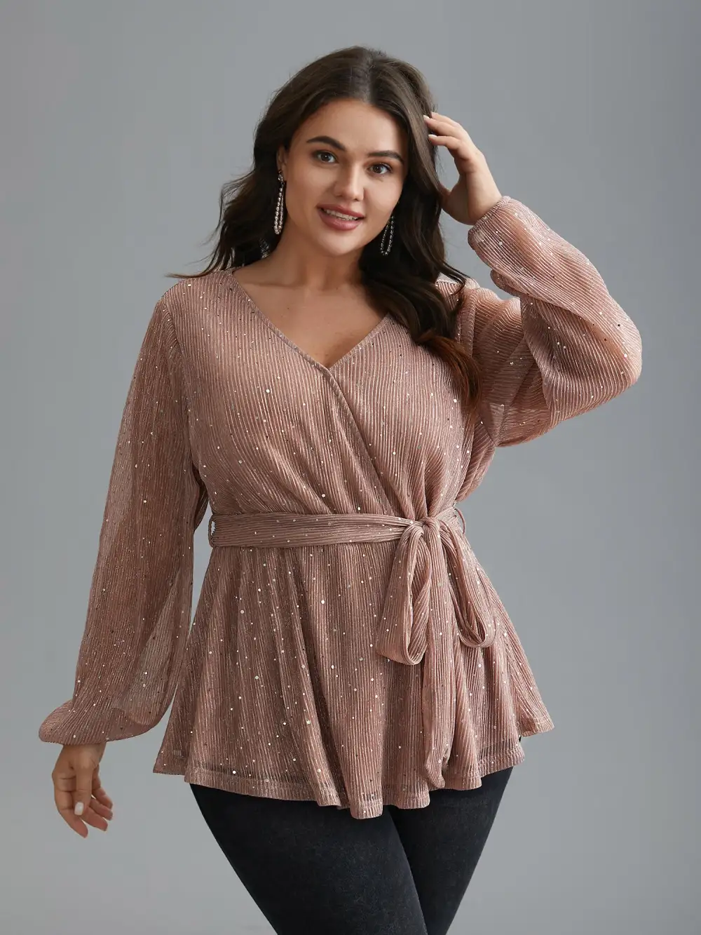 Sequin Mesh Lantern Sleeve Wrap Belted Striped Blouse