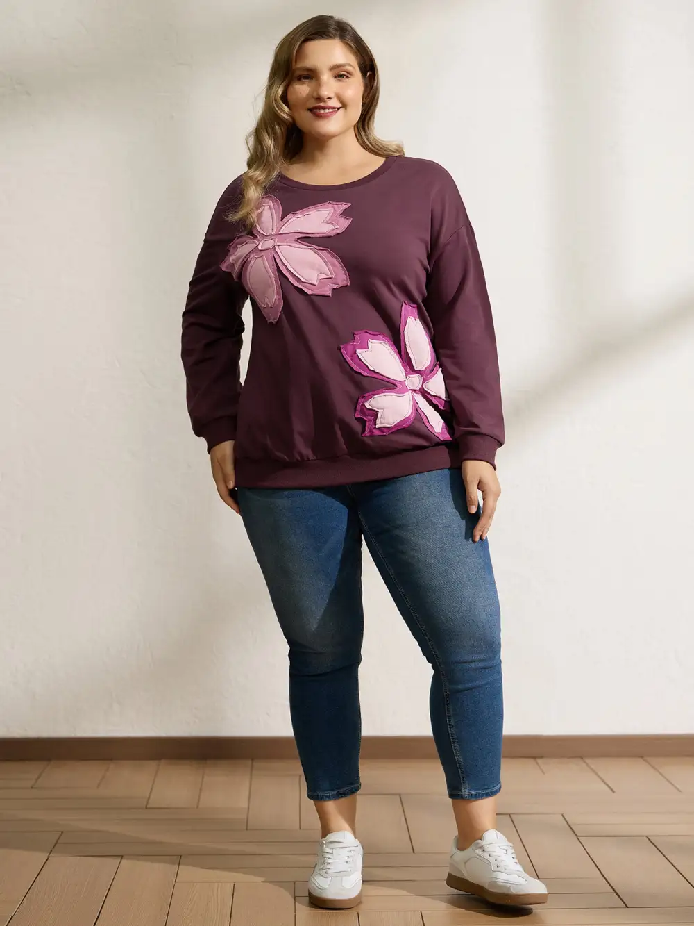 Floral Applique Embroidered Round Neck Sweatshirt