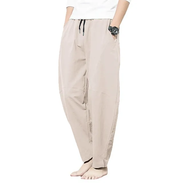 Men's Linen Pants Trousers Summer Pants Bloomers Beach Pants Pocket Drawstring Elastic Waist Plain Lightweight Ankle-Length Daily Yoga Fashion Casual Loose Fit Black White