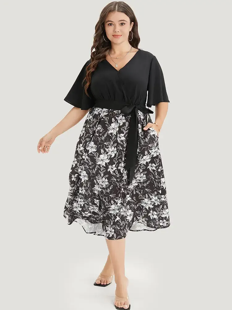 Floral Patchwork Pocket Belt Surplice Neck Ruffle Hem Dress