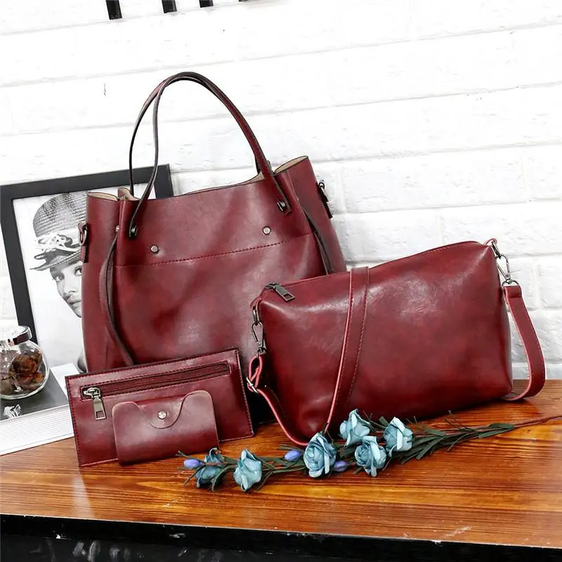Ladies retro four-piece large-capacity Picture-mother bag, solid color handbag, one-shoulder diagonal bag