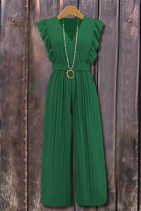 Solid Ruffle V-Neck Pleated Jumpsuit