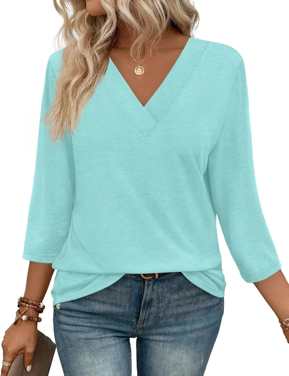 ✨Flash Sale Women's Trendy V Neck 3/4 Long Sleeve Tops Loose Fit Blouse
