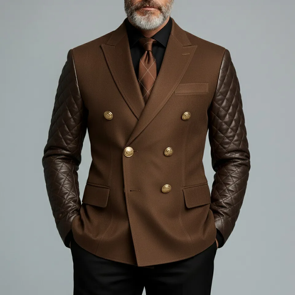 Men's Brown Suede Peak Lapel Double Breasted Quilted PU Leather Long Sleeve Blazer
