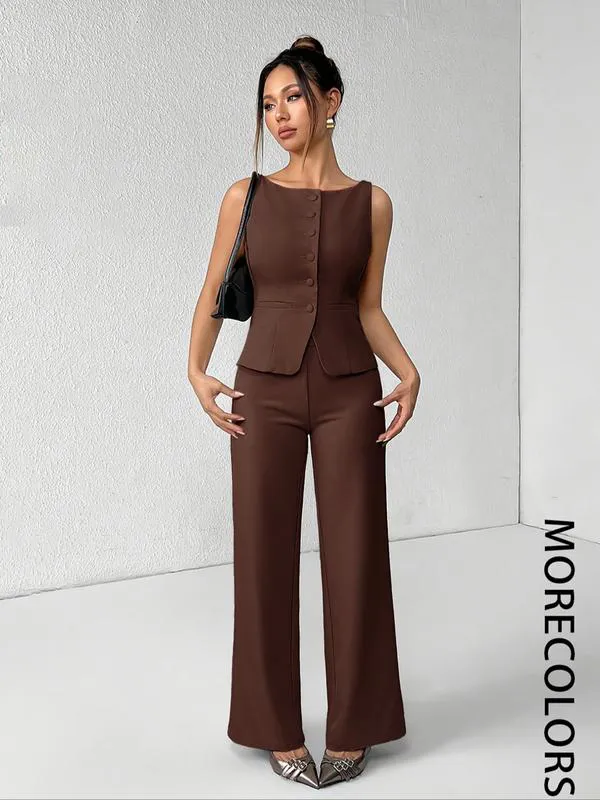 Women's Summer Two-Piece Set – Button Tank Top & Wide Leg Pants