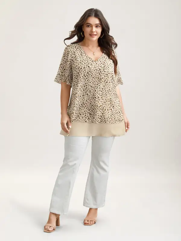 Polka Dot Print Ruffled V-Neck Layered Shirt