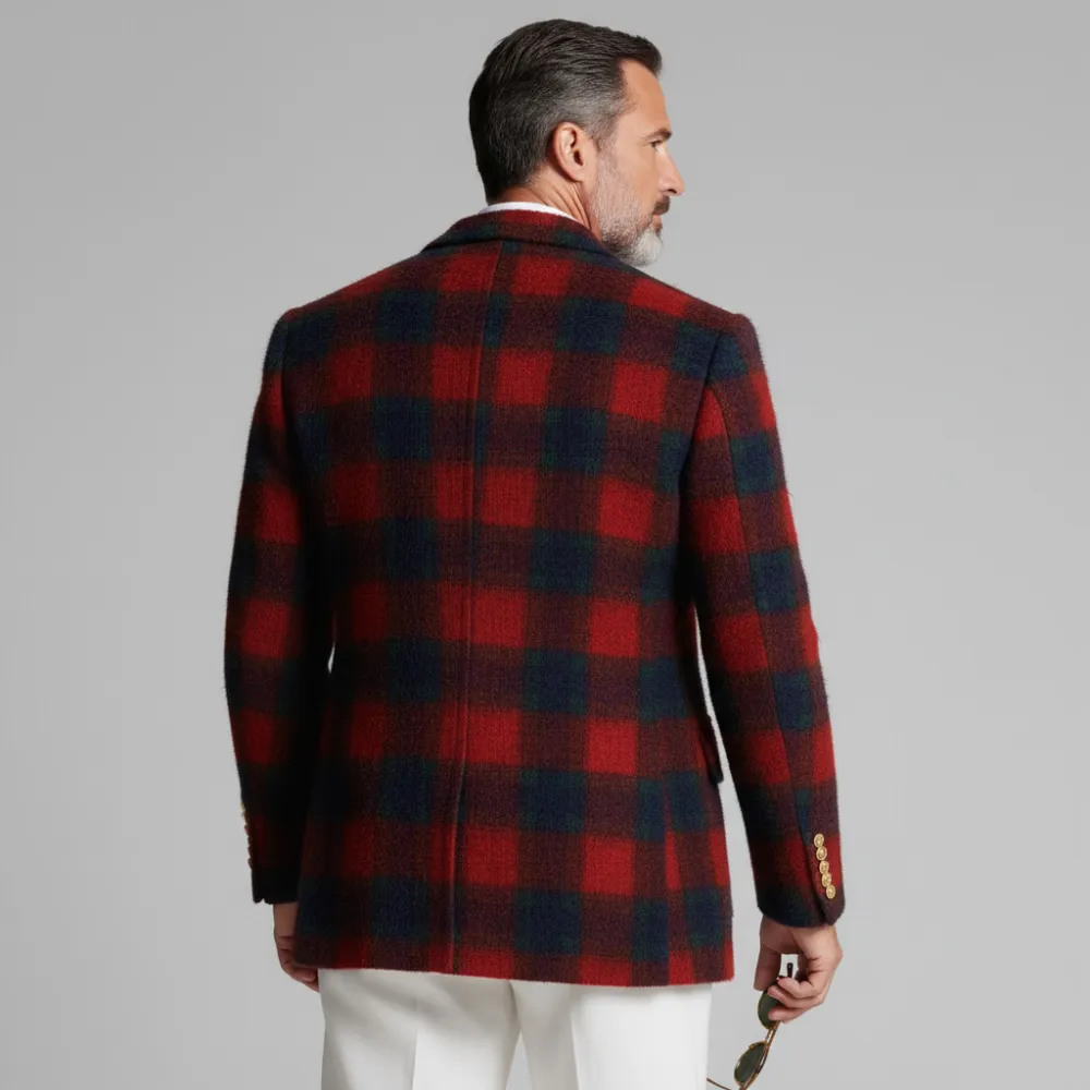 Men's Red Plaid Double Breasted Peak Lapel Textured Long Sleeve Blazer