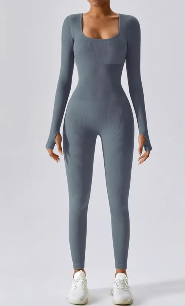 Women's Solid Ribbed Long Sleeve Sports Playsuit Tummy Control Jumpsuit, Workout Ribbed Long Sleeve Exercise Bodycon Jumpsuit