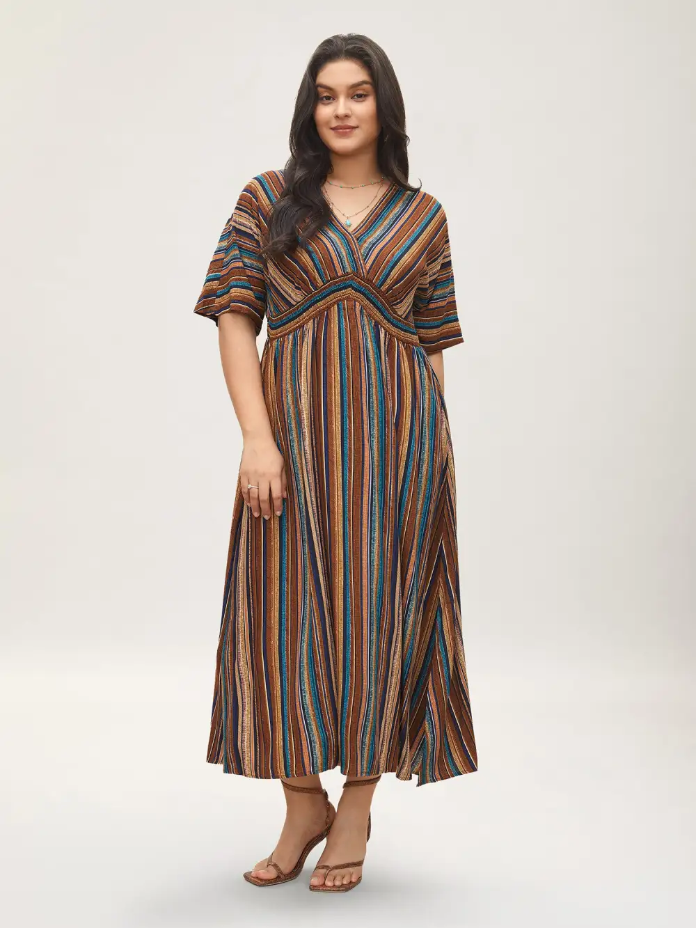 Striped Contrast Dolman Sleeve Shirred Pocket Split Flutter Dress