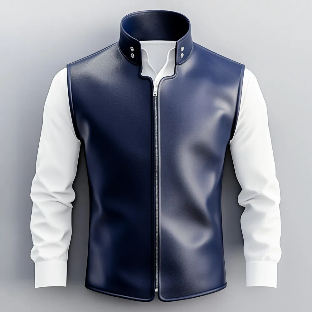 Men's Solid Stand Collar Sleeveless PU Leather Zip Up Vest