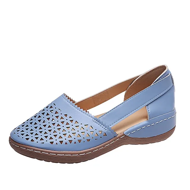 Women's Sandals Wedge Sandals Comfort Shoes Plus Size Outdoor Work Daily Summer Hollow Out Flat Heel Round Toe Classic Casual Minimalism Walking Shoes Faux Leather Loafer Solid Color Solid Colored