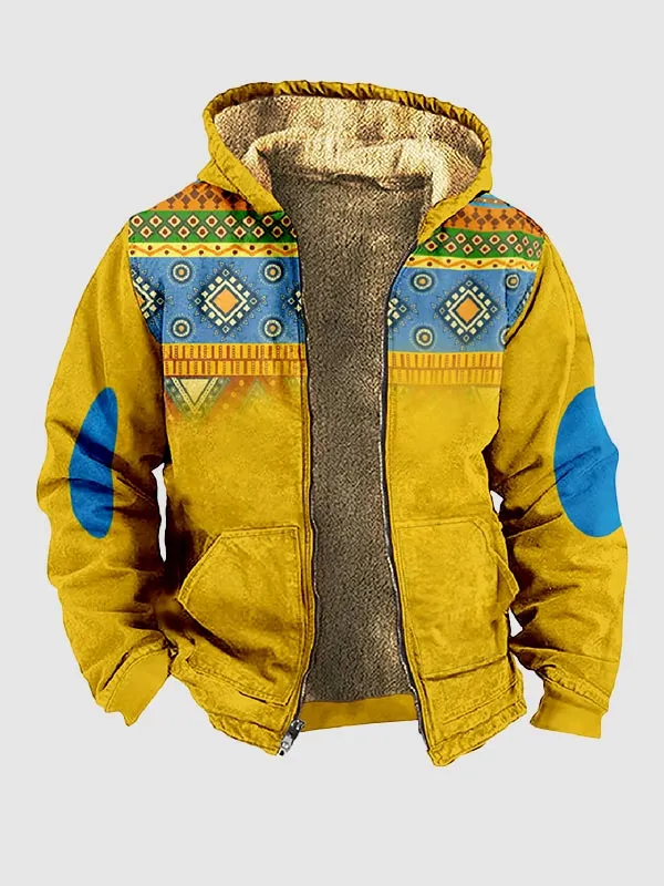 Men's Vintage Fleece Full Zip Western Print Hoodie Jacket