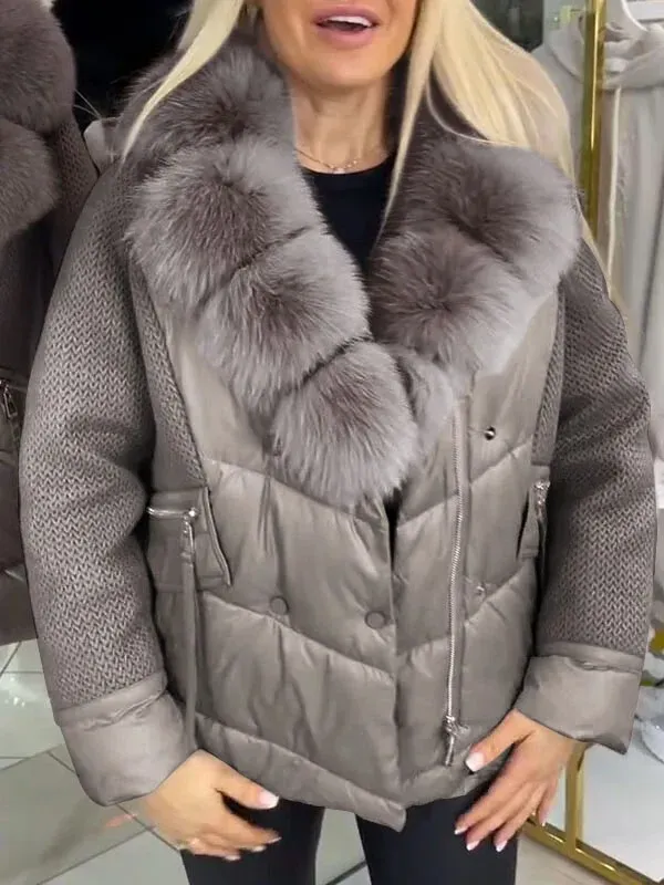 Down Jacket with Fur - trimmed Hood and Knitted Sleeves