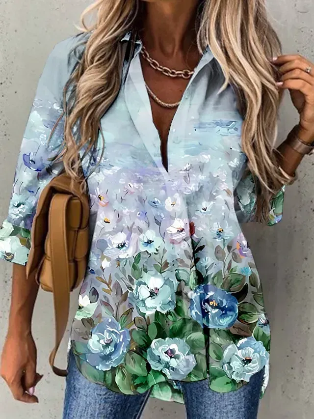 Women's Shirt Blouse Pink Blue Purple Floral Button Print Long Sleeve Casual Holiday Basic Shirt Collar Regular Floral S